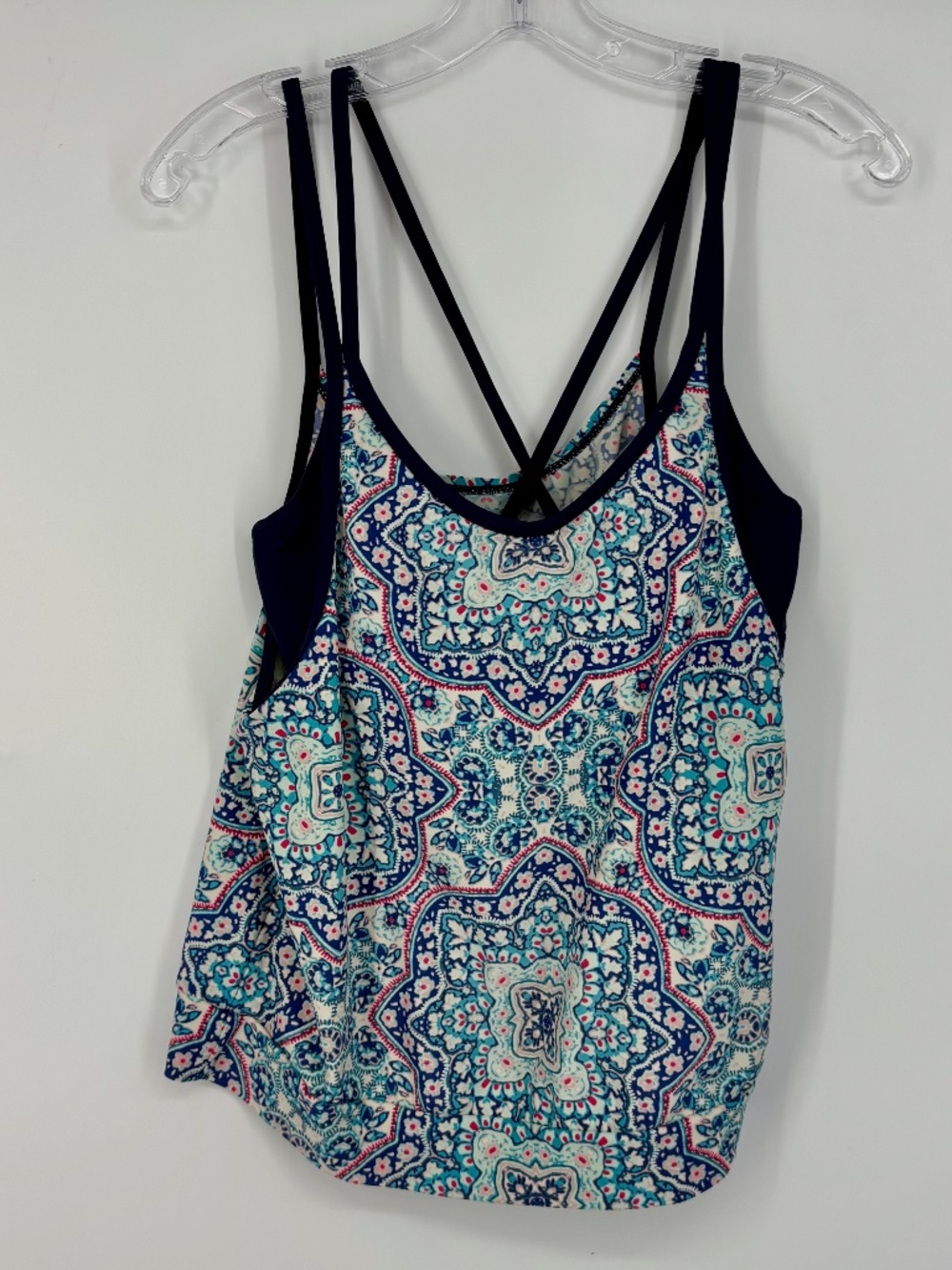 Athleta Womens 34B 34C Tankini Swim Suit Top Blue Pink Medallion Underwire Bra